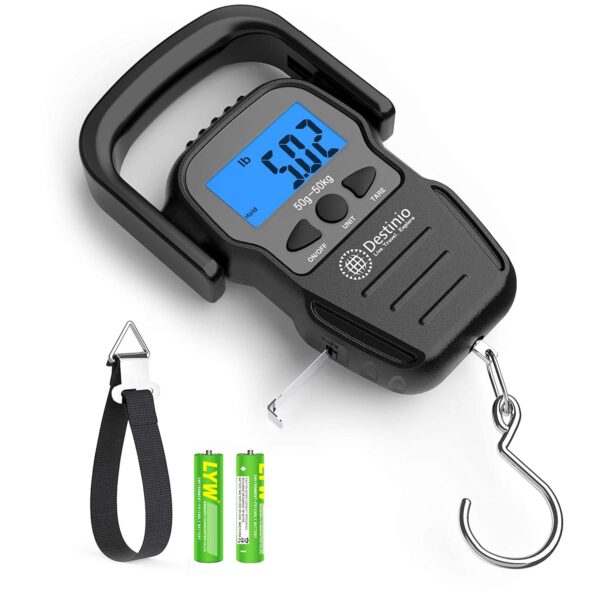 Destinio hanging weight machine- Wide soft handle, 50 kg, extra strap included - portable digital weighing scale for gas cylinder, luggage, travel (Premium Hook Scale)