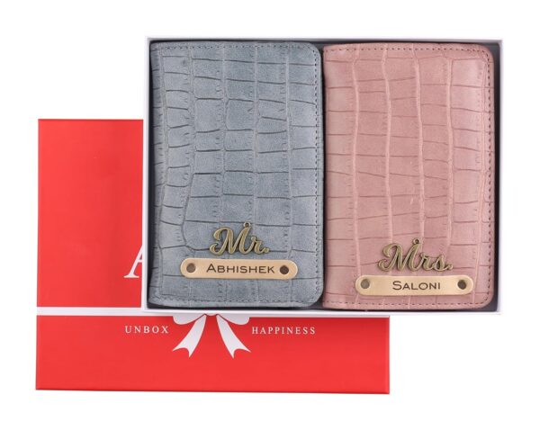 AICA Unisex-Adult Personalised Name, Charm & Color Textured Leather Couple Passport Cover -2Pcs | Passport Cover For Couple | Anniversary Wedding Marriage Gifts For Couples Husband Wife Mr Mrs
