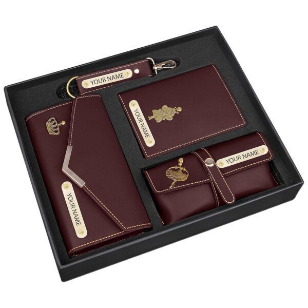 The Wallet Store Personalized Leather Clutch Passport Cover Keychain Eyewear Combo with Name Charms Best Gift for Wife Girlfriend Sister Mother Etc Brown