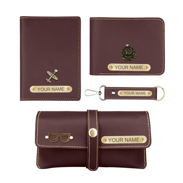 The Wallet Store Personalized Passport Cover, Wallet, Keychain & Eyewear Case Combo | with Name & Charms | Best Customized Gifts for Men, Husband, Boyfriend, Father, Brother, Etc (Brown)