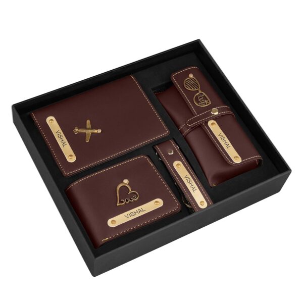 The Wallet Store Personalized Passport Cover Wallet Keychain Eyewear Case Combo with Name Charms Best Customized Gifts for Men Husband Boyfriend Father Brother Etc Brown