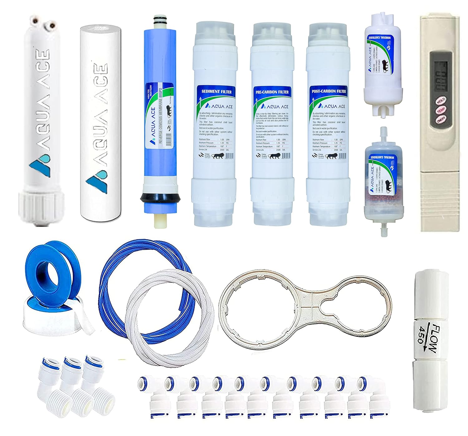 Aqua Ace Complete RO Service Filter kit of 100 GPD HI TDS (3000) Hi Flow Membrane, UF, Mineral, Inline and TDS Meter with All Accessories for All Water Purifier