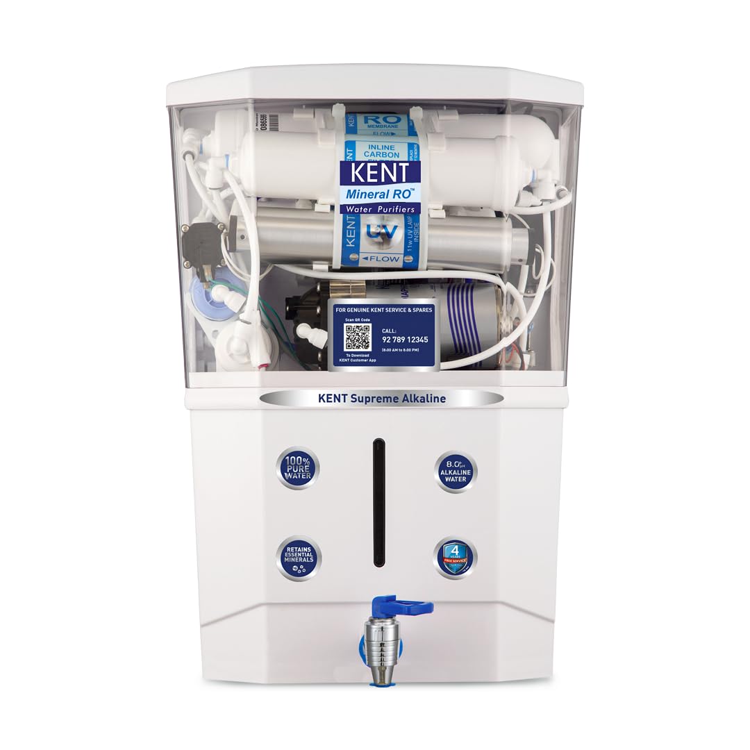 KENT Supreme Alkaline RO Water Purifier | 4 Years Free KENT Supreme Alkaline RO Water Purifier | 4 Years Free Service | ISI & NSF Certified | RO + UV + UF + Alkaline + TDS Control + UV LED in Tank | 8L Tank | 20 LPH Purification, White