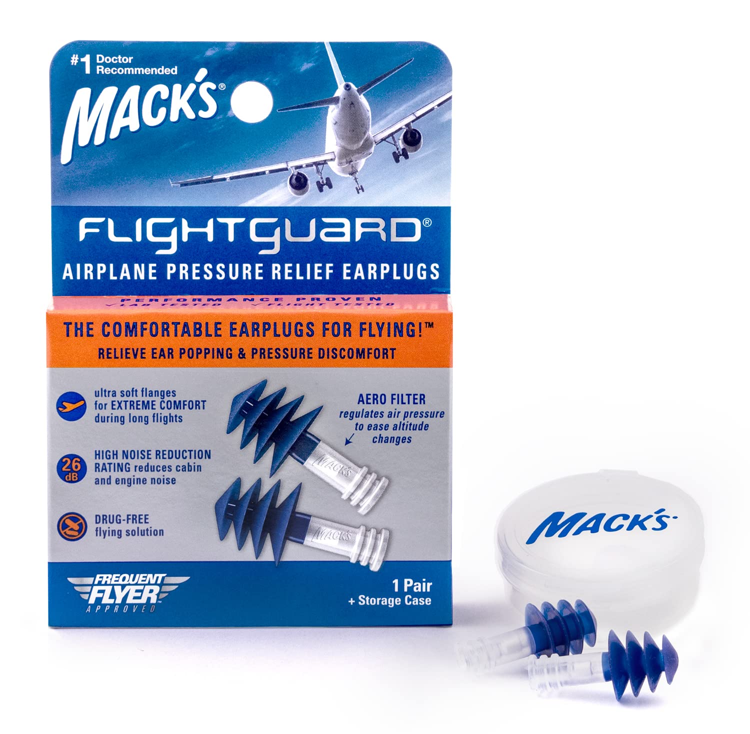 Mack's Flightguard Airplane Pressure Relief Earplugs – 26Db Nrr, 33Db Snr – Comfortable, Safe, Travel Ear Plugs For Flying Air Pressure Ear Pain, Ear Popping And Noise Reduction