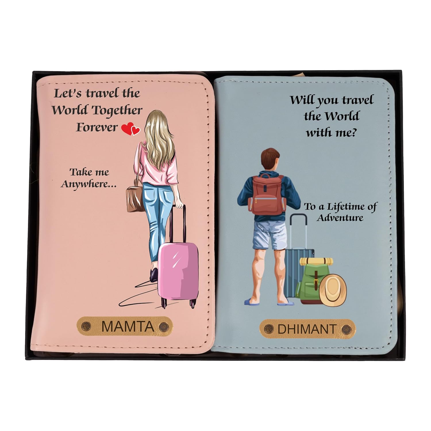 Mekhush Personalized Unisex-Adult Travel Quote Printed Leather Passport Cover Set Mekhush Personalized Unisex-Adult Travel Quote Printed Leather Passport Cover Set With Customised Name For Couple | Gifting Option For Wedding, Anniversary & Husband Wife (Travel Quote 04, Multi)