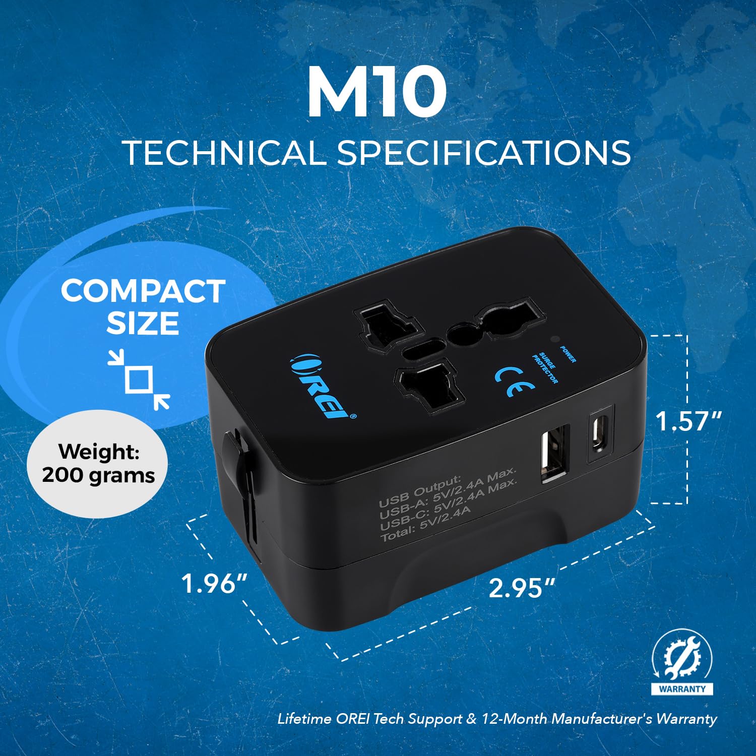 1735299909 Orei Universal Travel Adapter with Type C 3 in 1 International Travel Adapter Universal Charger with 1 USB A 1 USB C 2.4A Each and Universal Output Socket 10 Year Warranty