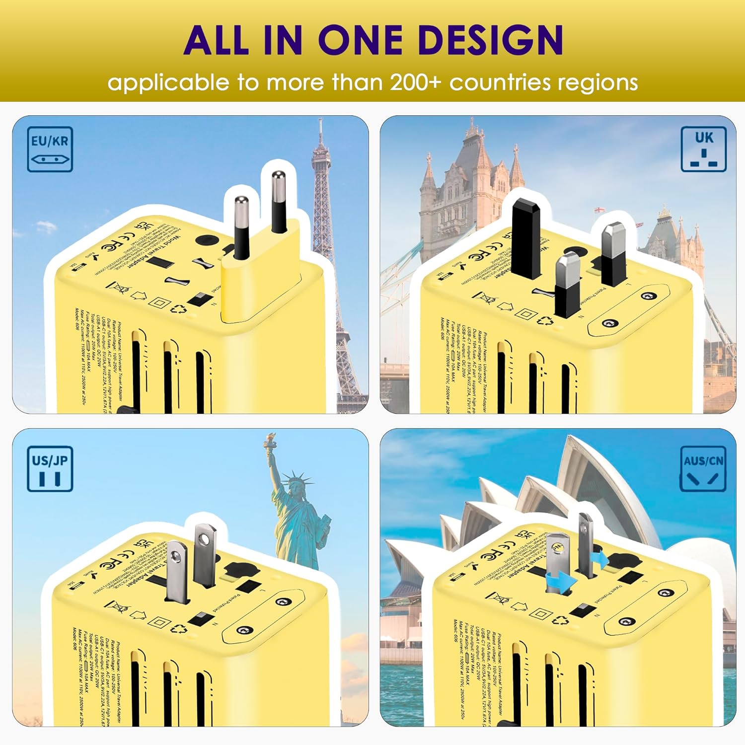 1735300464 Docoss Fast Charging Universal Travel Adapter International All in One Adapter with Type CQC 3.0W3.1A Universal Adapter for UKUSEU Universal Plug Power AdapterYellow Black