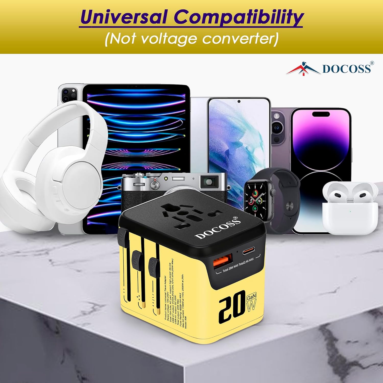 1735300466 Docoss Fast Charging Universal Travel Adapter International All in One Adapter with Type CQC 3.0W3.1A Universal Adapter for UKUSEU Universal Plug Power AdapterYellow Black