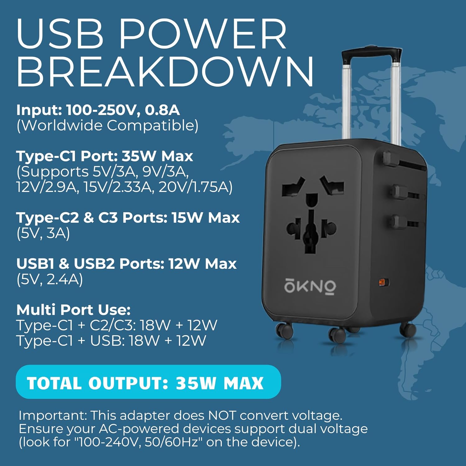 1735302367 OKNO 6 in 1 Universal International Travel Adapter 1 PD 35W Type C Super Fast Charging 2 USB Port 3 Type C Fast Multi Plug Converter for USA UK Europe More Black Travel Essentials