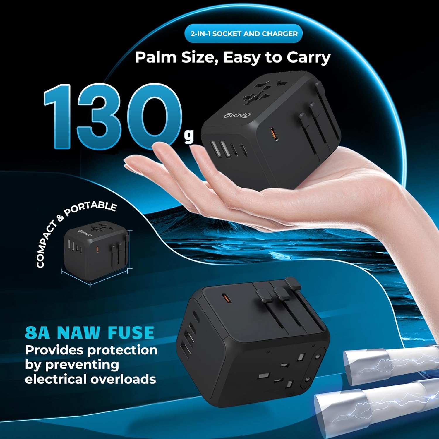 1735302369 OKNO 6 in 1 Universal International Travel Adapter 1 PD 35W Type C Super Fast Charging 2 USB Port 3 Type C Fast Multi Plug Converter for USA UK Europe More Black Travel Essentials
