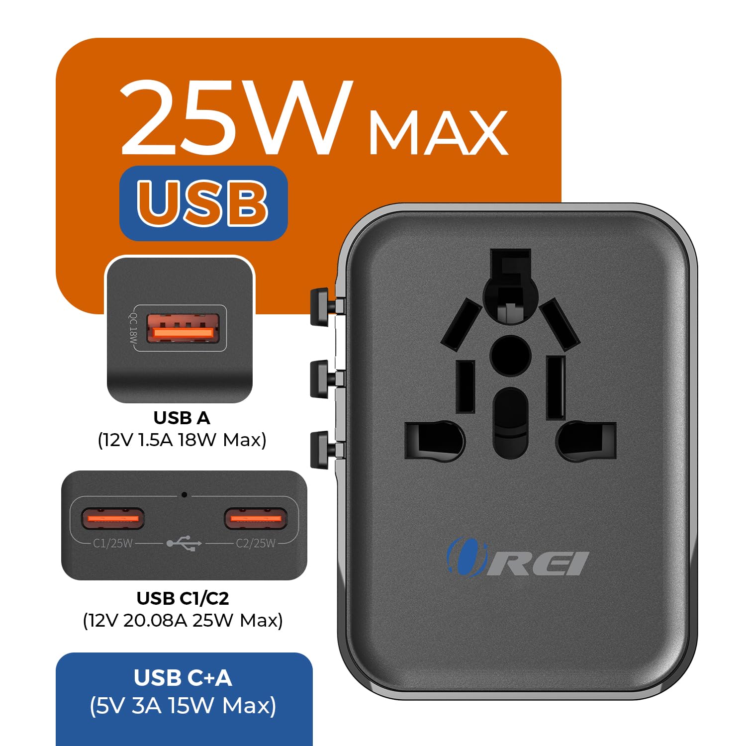 1735306070 OREI 25Watt Universal Charger Adapter 2X USBC 1XUSB A 4 in 1 International Travel Adapter 10 Years Warranty Universal Travel Adapter Compatible 150 Countries Type C A G I Compatible