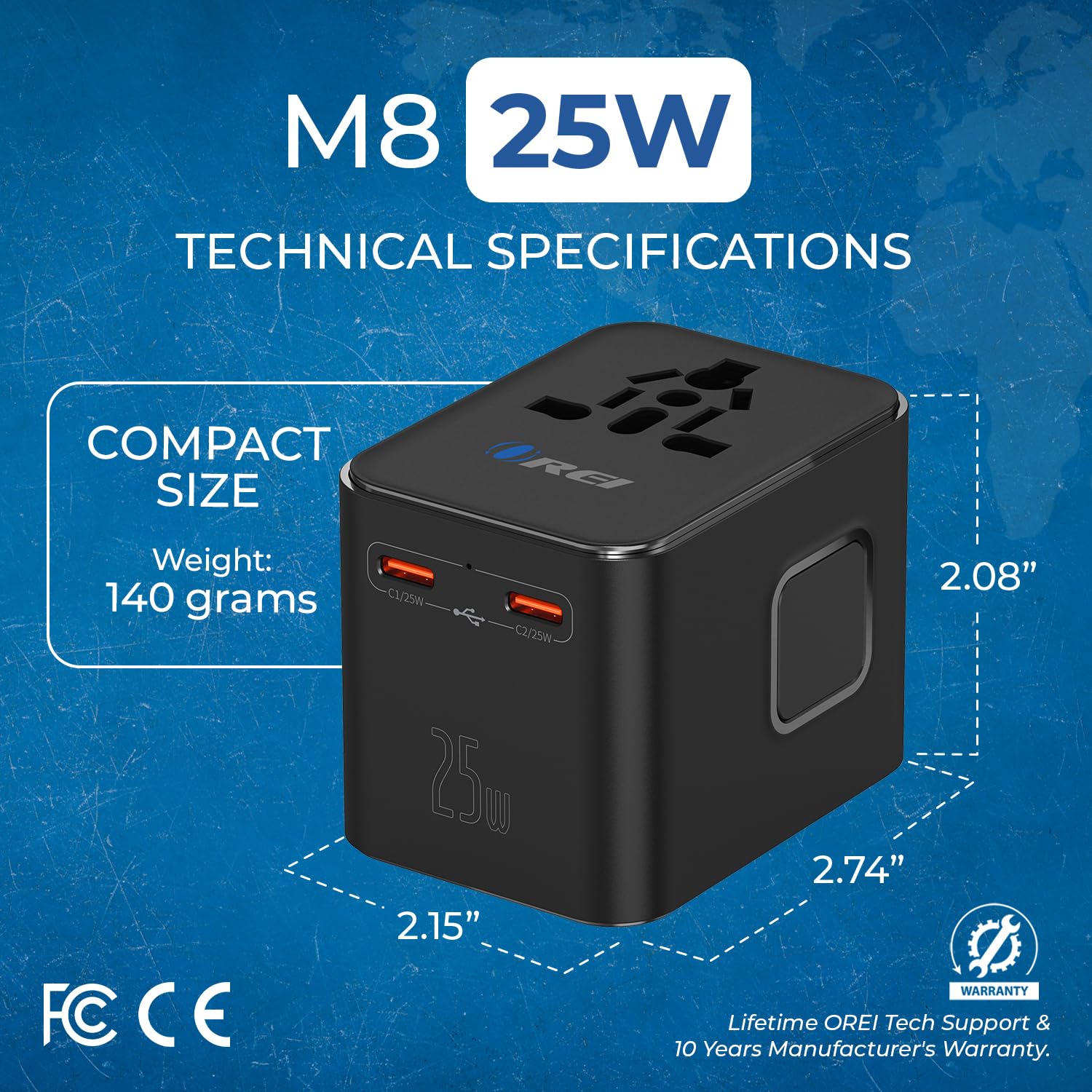 1735306074 OREI 25Watt Universal Charger Adapter 2X USBC 1XUSB A 4 in 1 International Travel Adapter 10 Years Warranty Universal Travel Adapter Compatible 150 Countries Type C A G I Compatible