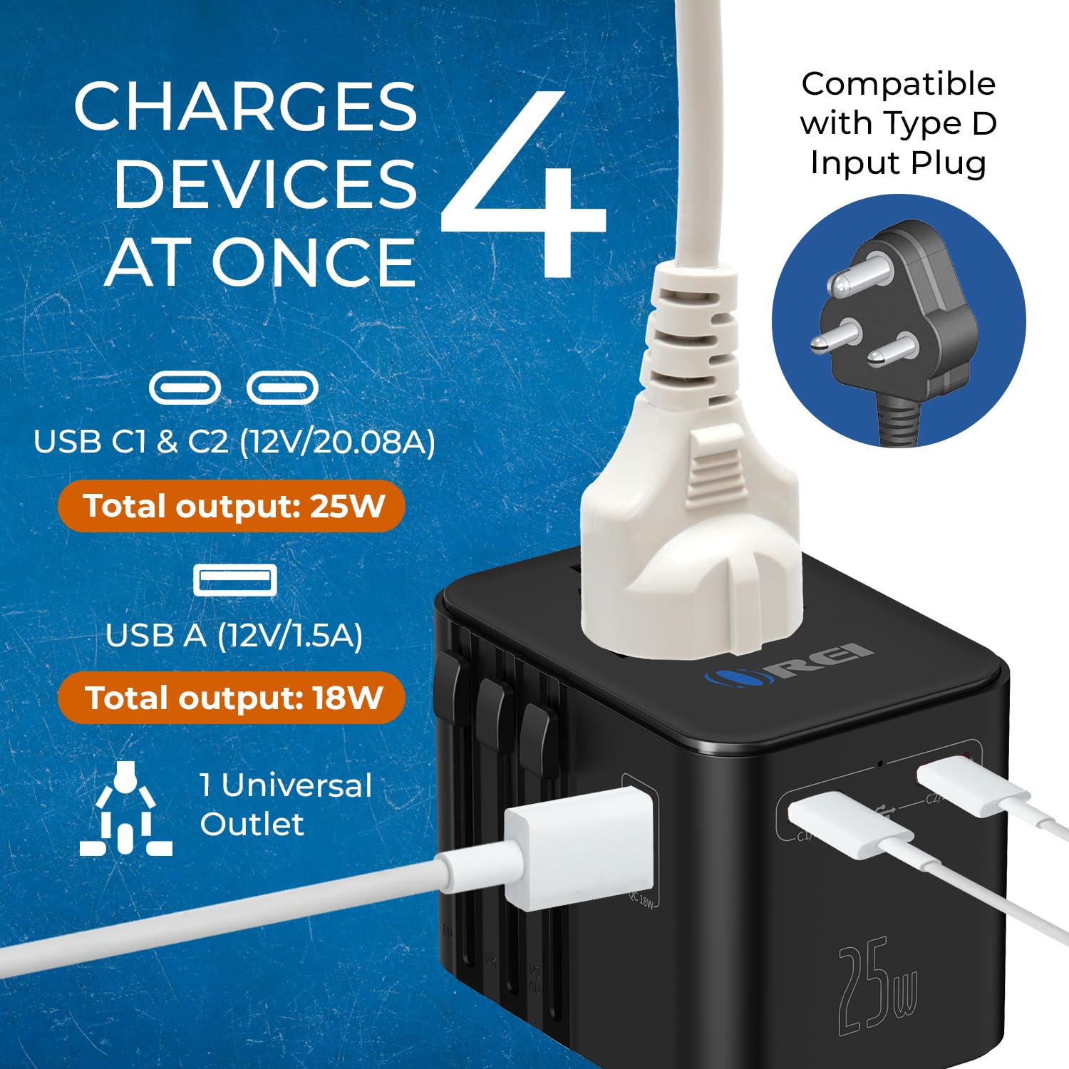 1735306084 OREI 25Watt Universal Charger Adapter 2X USBC 1XUSB A 4 in 1 International Travel Adapter 10 Years Warranty Universal Travel Adapter Compatible 150 Countries Type C A G I Compatible