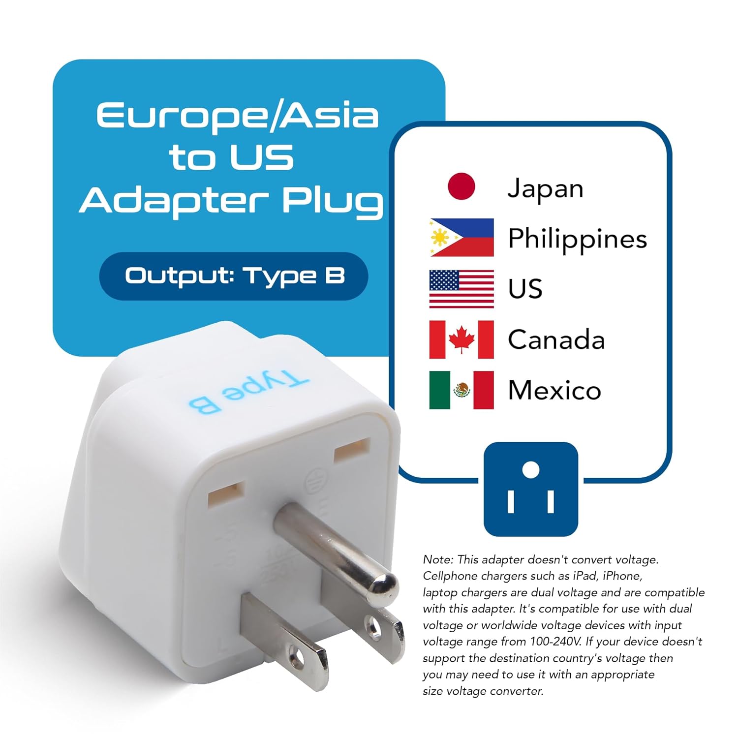 1735320367 Ceptics Universal Travel Adapter for USA Canada Philippines India to US Plug Adapter Type B USA Plug CE Certified RoHS Compliant White 3 Pack