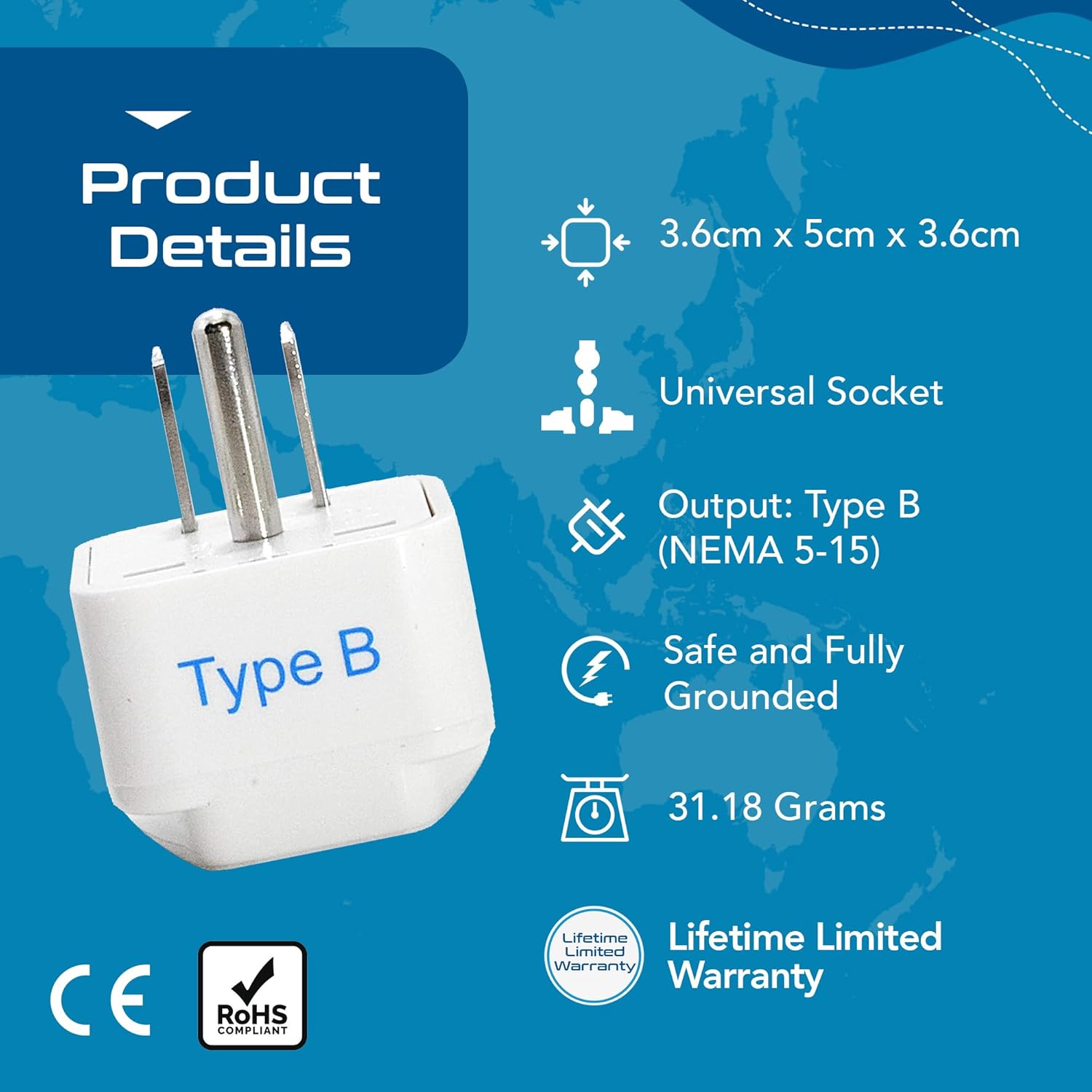 1735320374 Ceptics Universal Travel Adapter for USA Canada Philippines India to US Plug Adapter Type B USA Plug CE Certified RoHS Compliant White 3 Pack