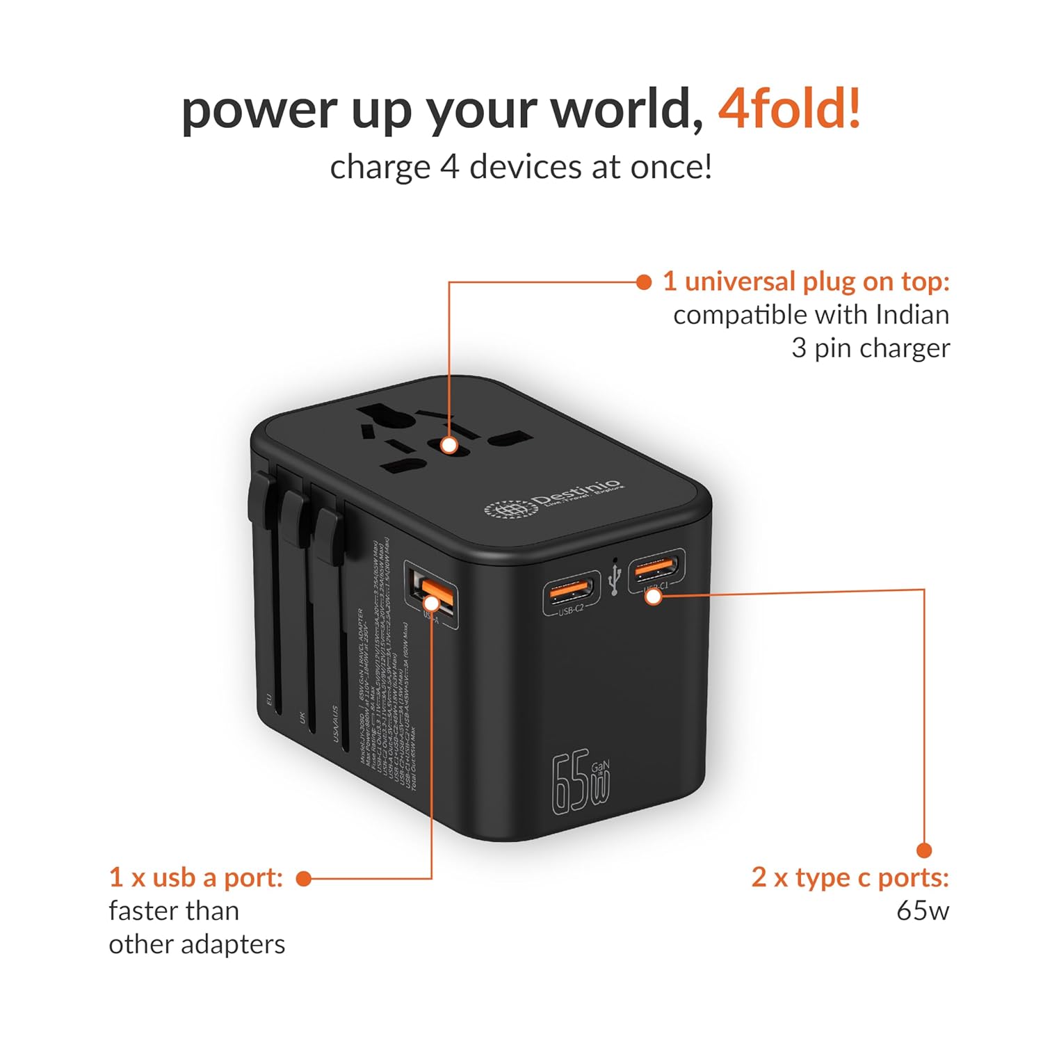 1735337528 Destinio Universal Travel Adapter Type C 65W GAN 4 in 1 Fast Charging International Travel Adapter 2 x Type C 1 x USB All in One Universal Adapter for US UK Europe Black 1 Unit