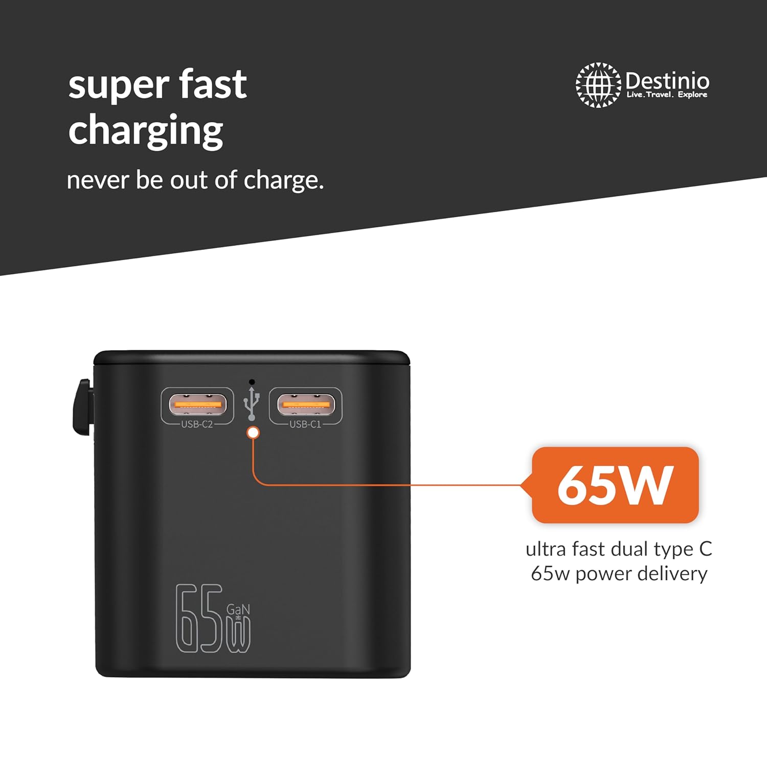 1735337530 Destinio Universal Travel Adapter Type C 65W GAN 4 in 1 Fast Charging International Travel Adapter 2 x Type C 1 x USB All in One Universal Adapter for US UK Europe Black 1 Unit