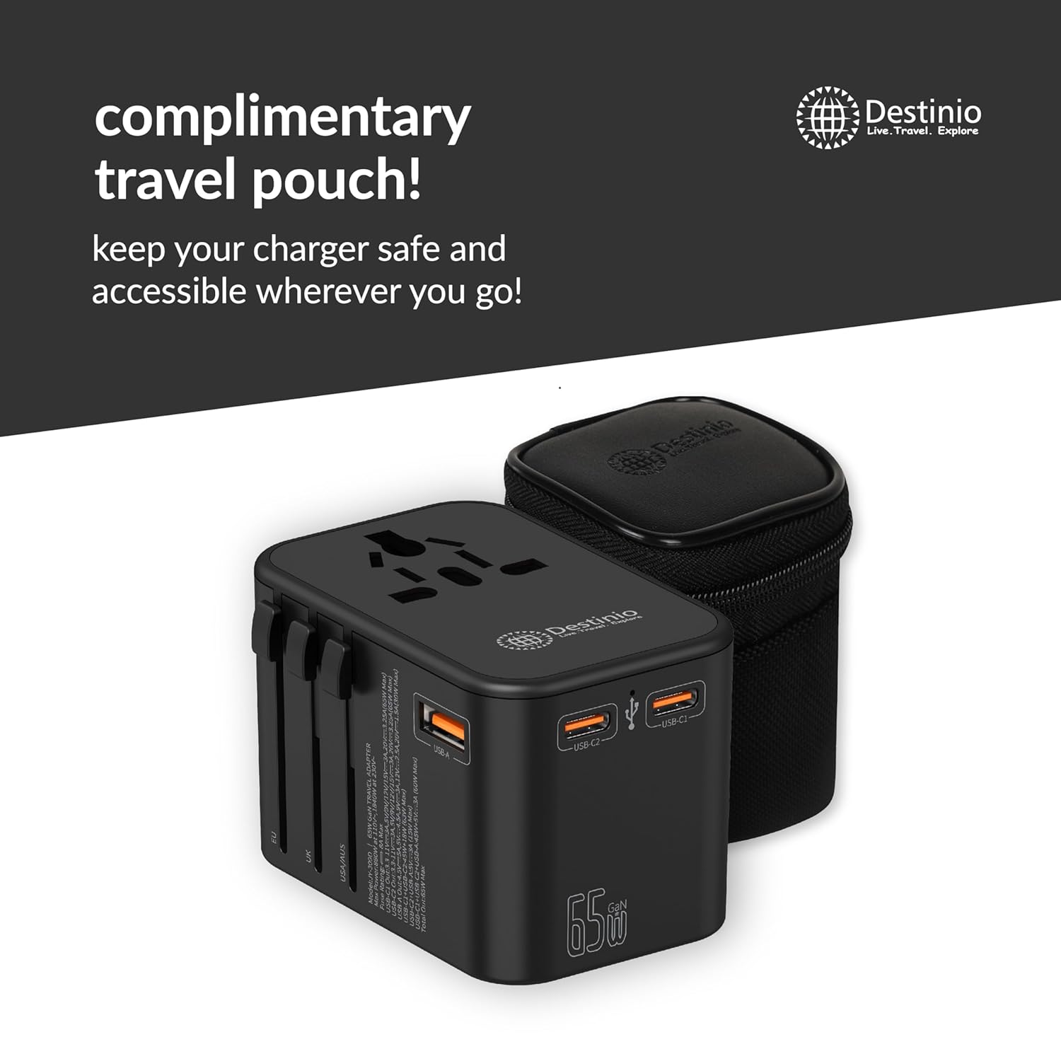 1735337532 Destinio Universal Travel Adapter Type C 65W GAN 4 in 1 Fast Charging International Travel Adapter 2 x Type C 1 x USB All in One Universal Adapter for US UK Europe Black 1 Unit