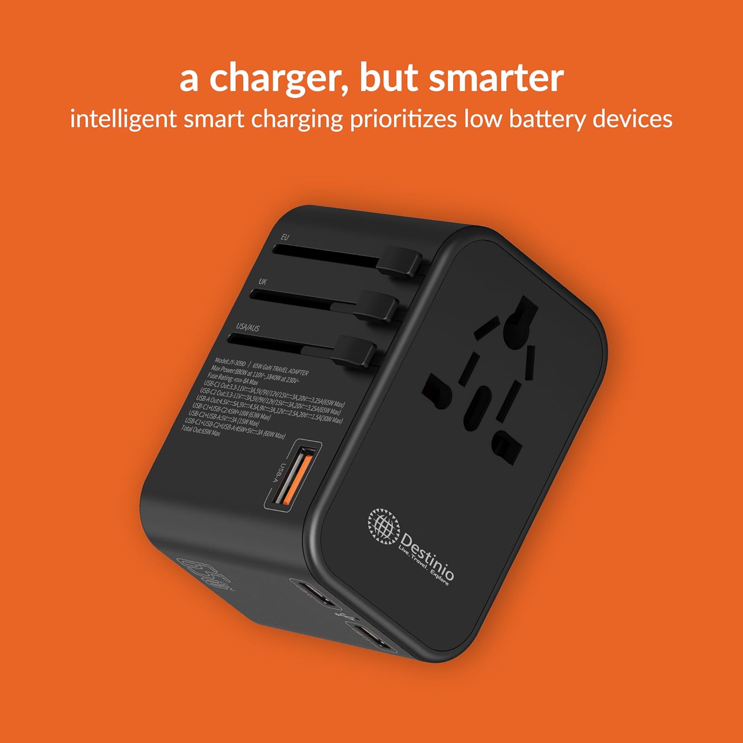 1735337534 Destinio Universal Travel Adapter Type C 65W GAN 4 in 1 Fast Charging International Travel Adapter 2 x Type C 1 x USB All in One Universal Adapter for US UK Europe Black 1 Unit