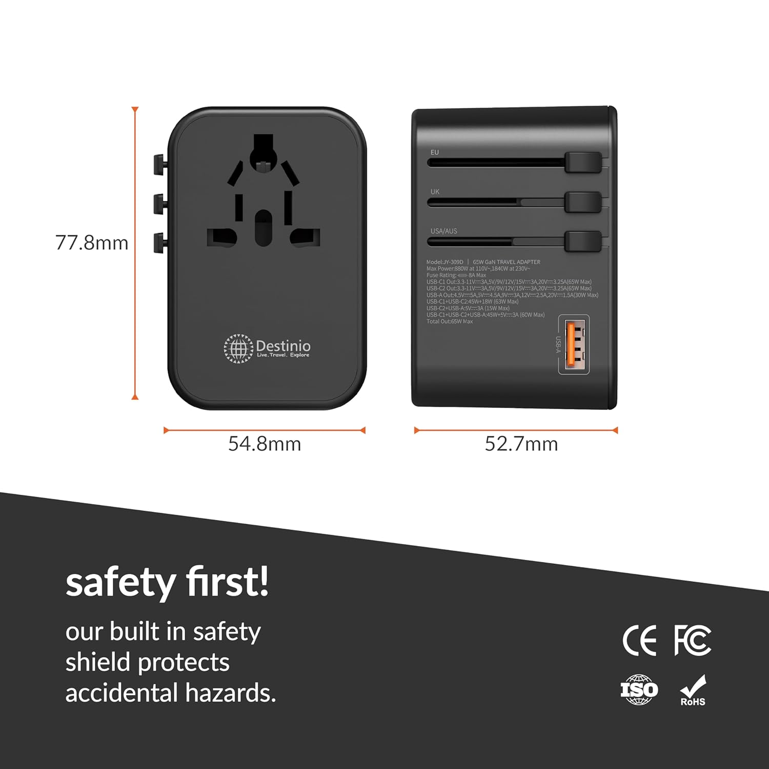 1735337538 Destinio Universal Travel Adapter Type C 65W GAN 4 in 1 Fast Charging International Travel Adapter 2 x Type C 1 x USB All in One Universal Adapter for US UK Europe Black 1 Unit