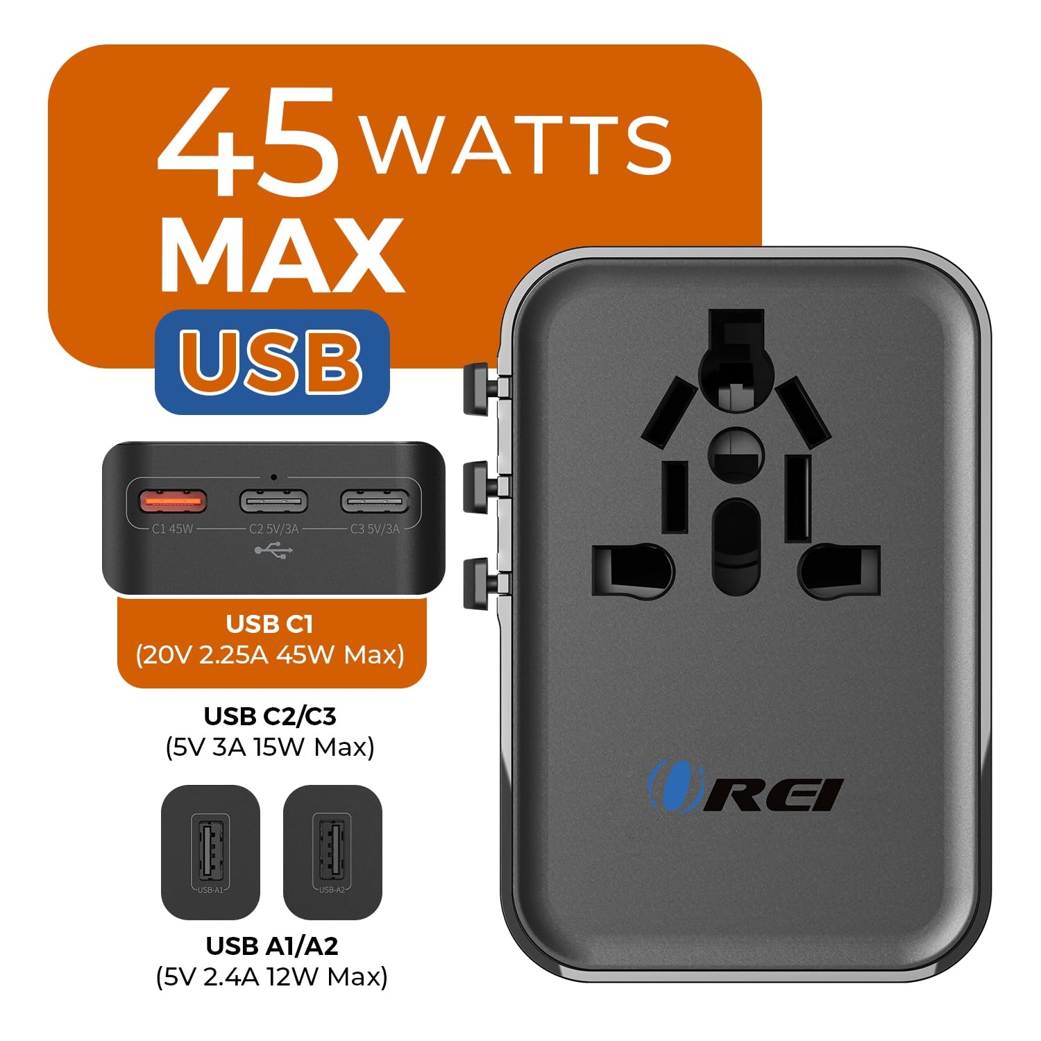 1735341225 OREI 45Watt Universal Charger Adapter 3X USBC 2XUSB A 6 in 1 International Travel Adapter 10 Years Warranty Universal Travel Adapter Compatible 150 Countries Type C A G I Compatible