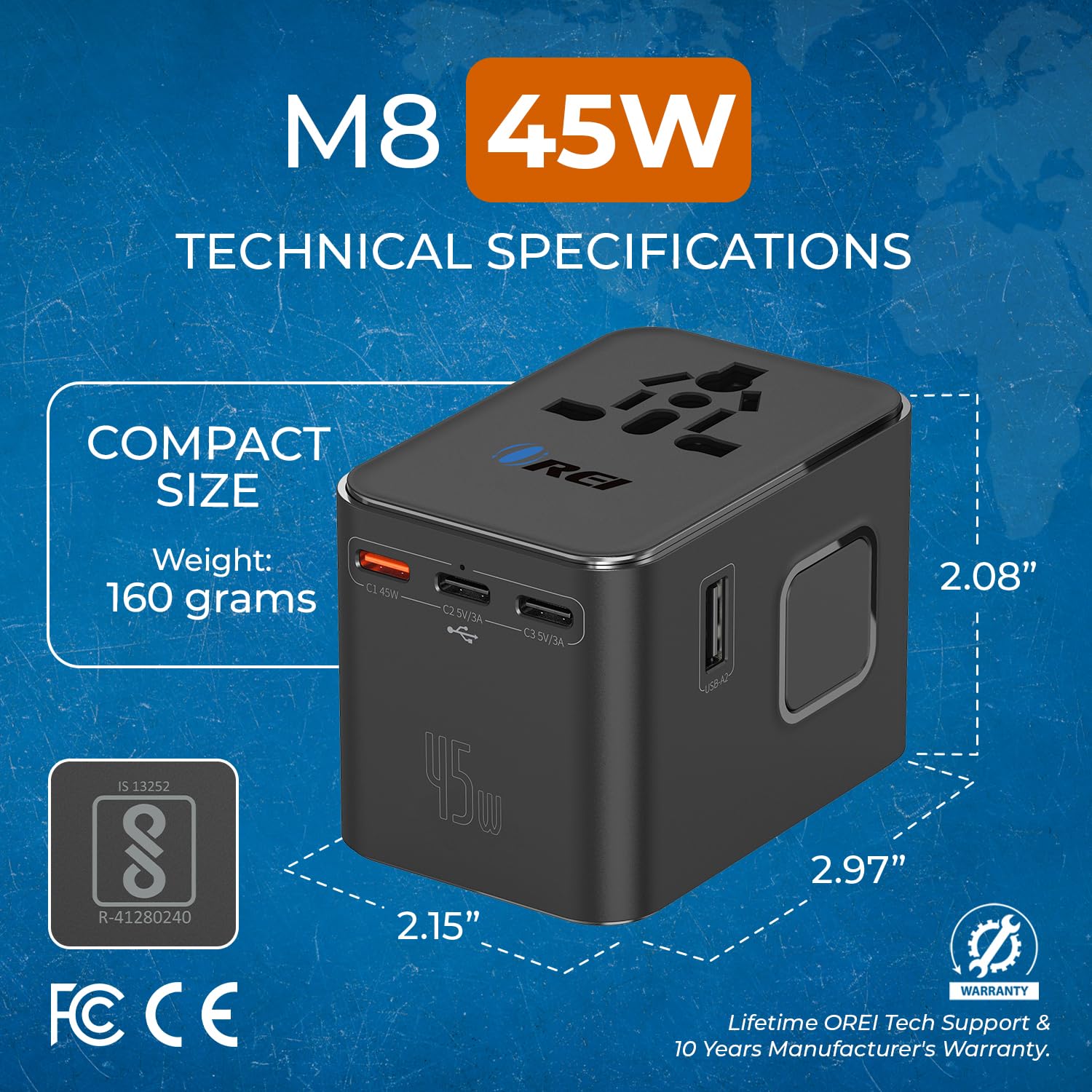1735341229 OREI 45Watt Universal Charger Adapter 3X USBC 2XUSB A 6 in 1 International Travel Adapter 10 Years Warranty Universal Travel Adapter Compatible 150 Countries Type C A G I Compatible