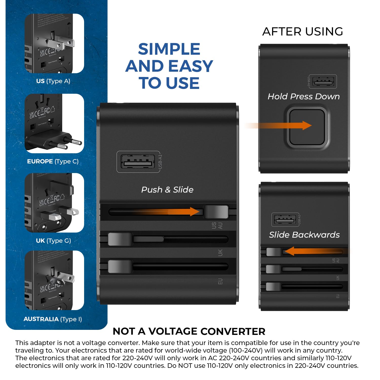 1735341232 OREI 45Watt Universal Charger Adapter 3X USBC 2XUSB A 6 in 1 International Travel Adapter 10 Years Warranty Universal Travel Adapter Compatible 150 Countries Type C A G I Compatible