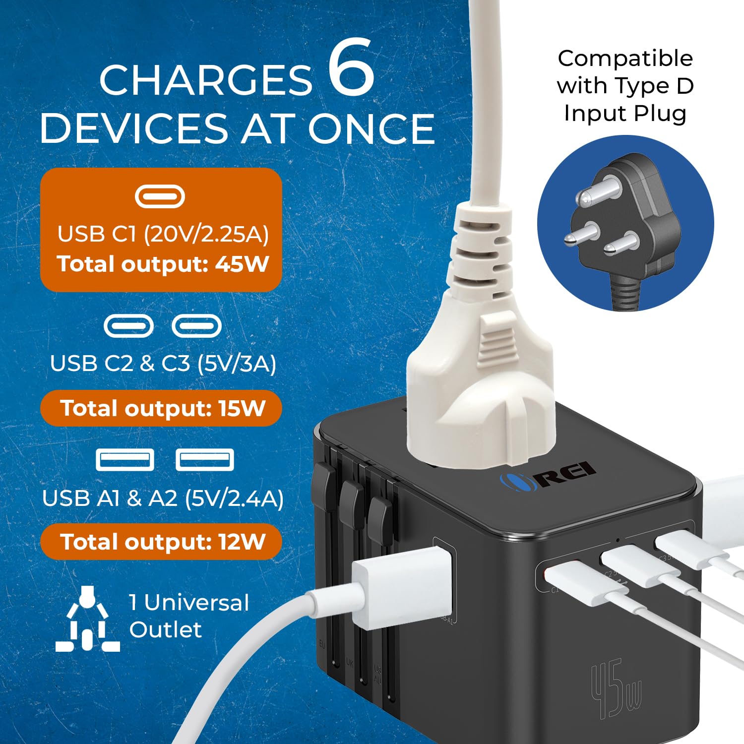 1735341236 OREI 45Watt Universal Charger Adapter 3X USBC 2XUSB A 6 in 1 International Travel Adapter 10 Years Warranty Universal Travel Adapter Compatible 150 Countries Type C A G I Compatible