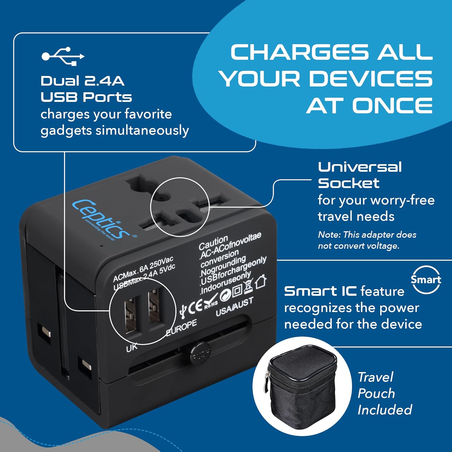 1735346790 Ceptics Universal Travel Adapter with 2 USB Ports 3 in 1 International Adapter for Cell Phone Tablet Camera India to UK Europe Australia More
