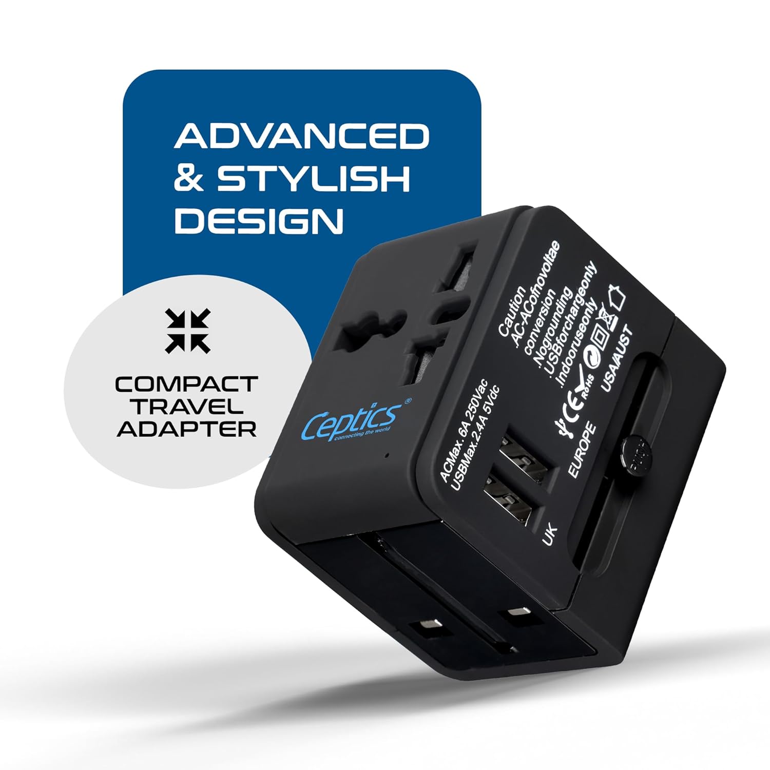 1735346792 Ceptics Universal Travel Adapter with 2 USB Ports 3 in 1 International Adapter for Cell Phone Tablet Camera India to UK Europe Australia More