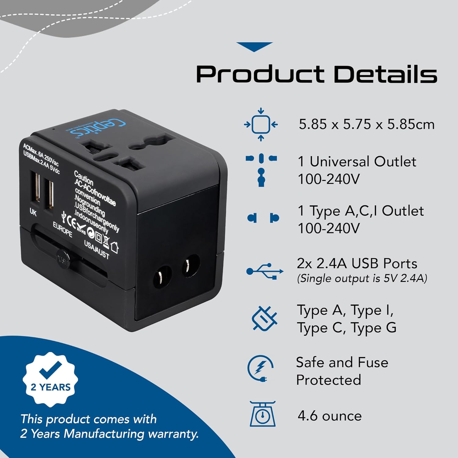 1735346794 Ceptics Universal Travel Adapter with 2 USB Ports 3 in 1 International Adapter for Cell Phone Tablet Camera India to UK Europe Australia More
