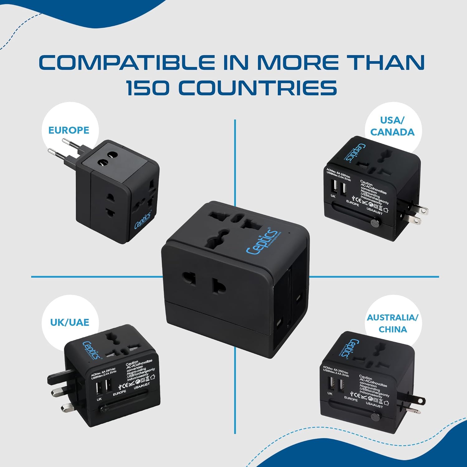 1735346796 Ceptics Universal Travel Adapter with 2 USB Ports 3 in 1 International Adapter for Cell Phone Tablet Camera India to UK Europe Australia More