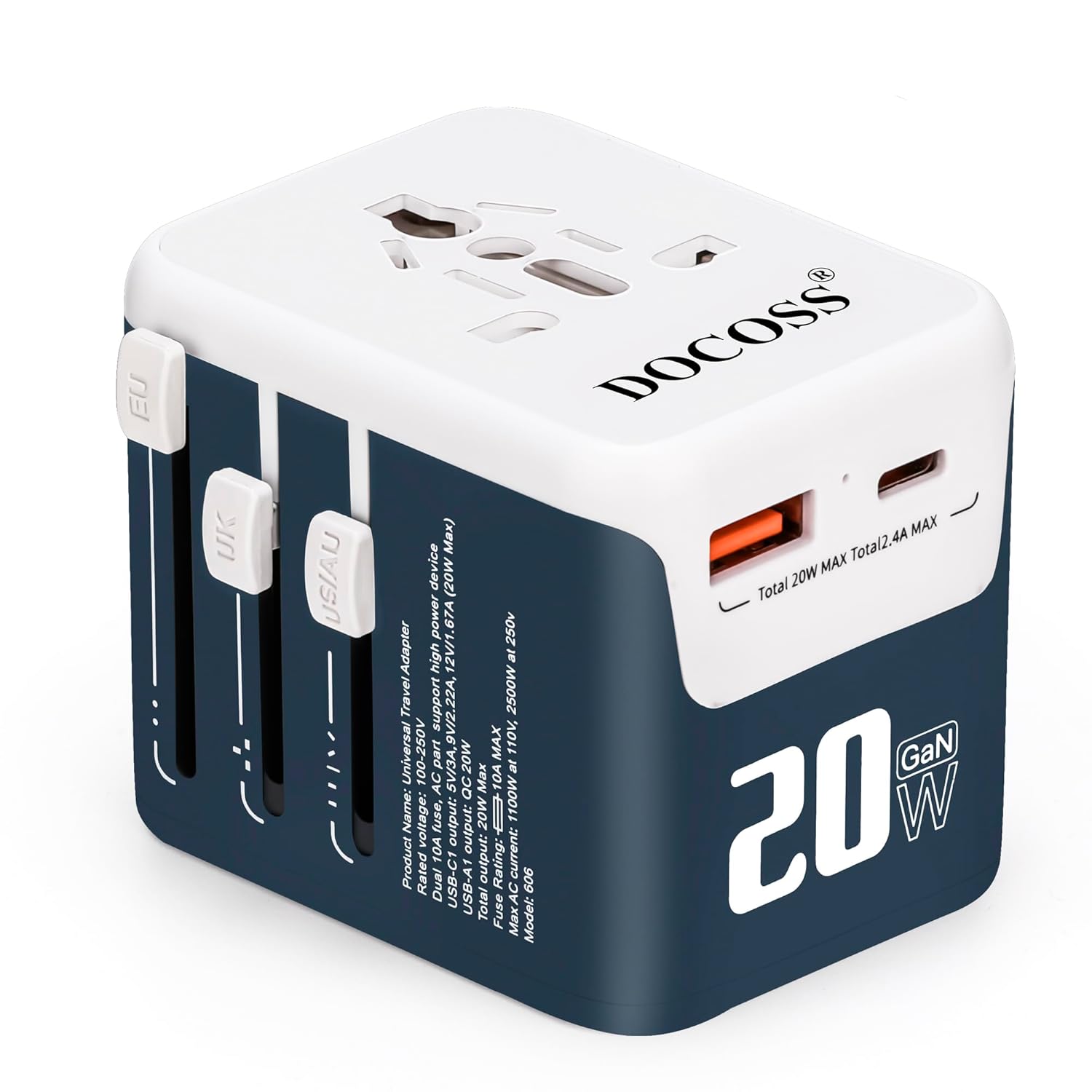Docoss Fast Charging Universal Travel Adapter International All-in-One Adapter with Type C,QC 3.0,W/3.1A Universal Adapter for UK,US,EU-Universal Plug Power Adapter(Blue-White)