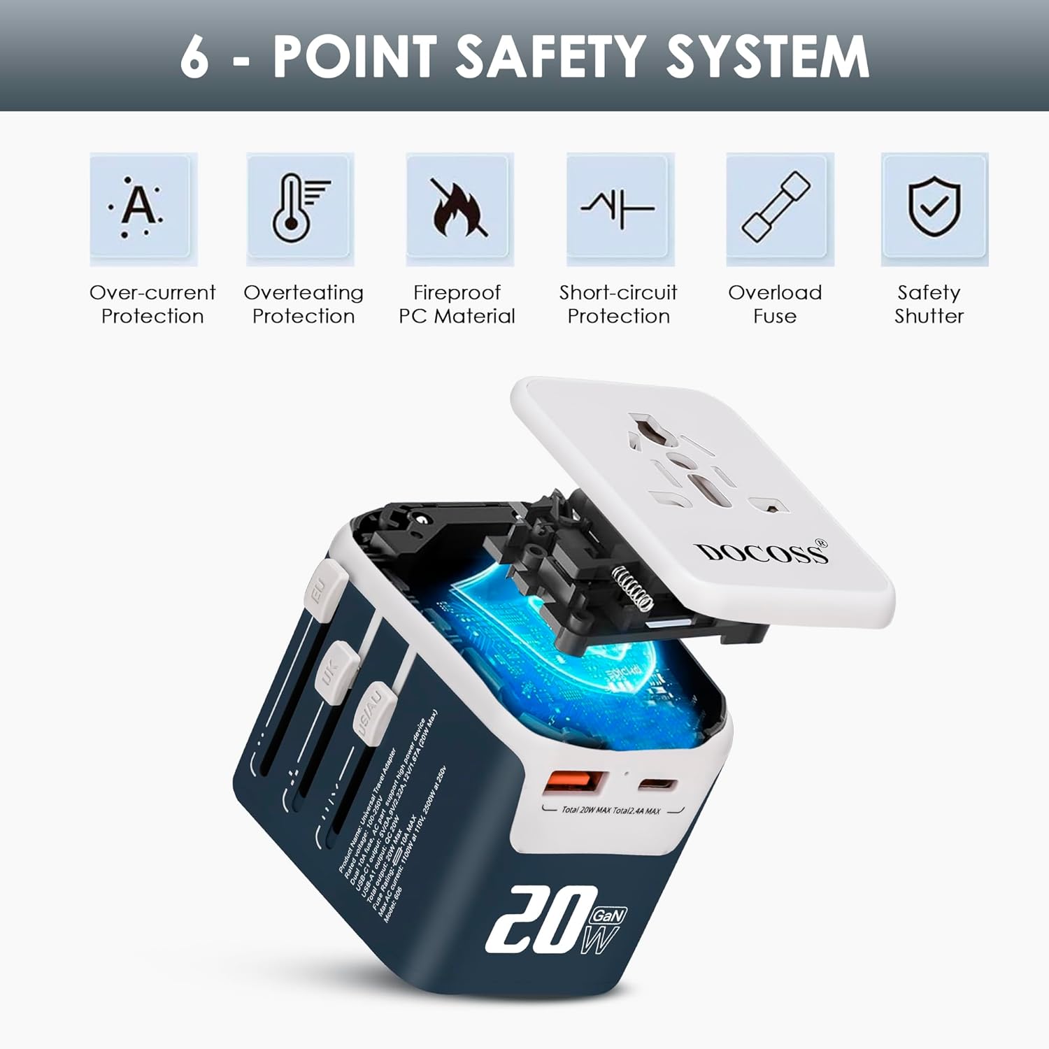 1735350574 Docoss Fast Charging Universal Travel Adapter International All in One Adapter with Type CQC 3.0W3.1A Universal Adapter for UKUSEU Universal Plug Power AdapterBlue White