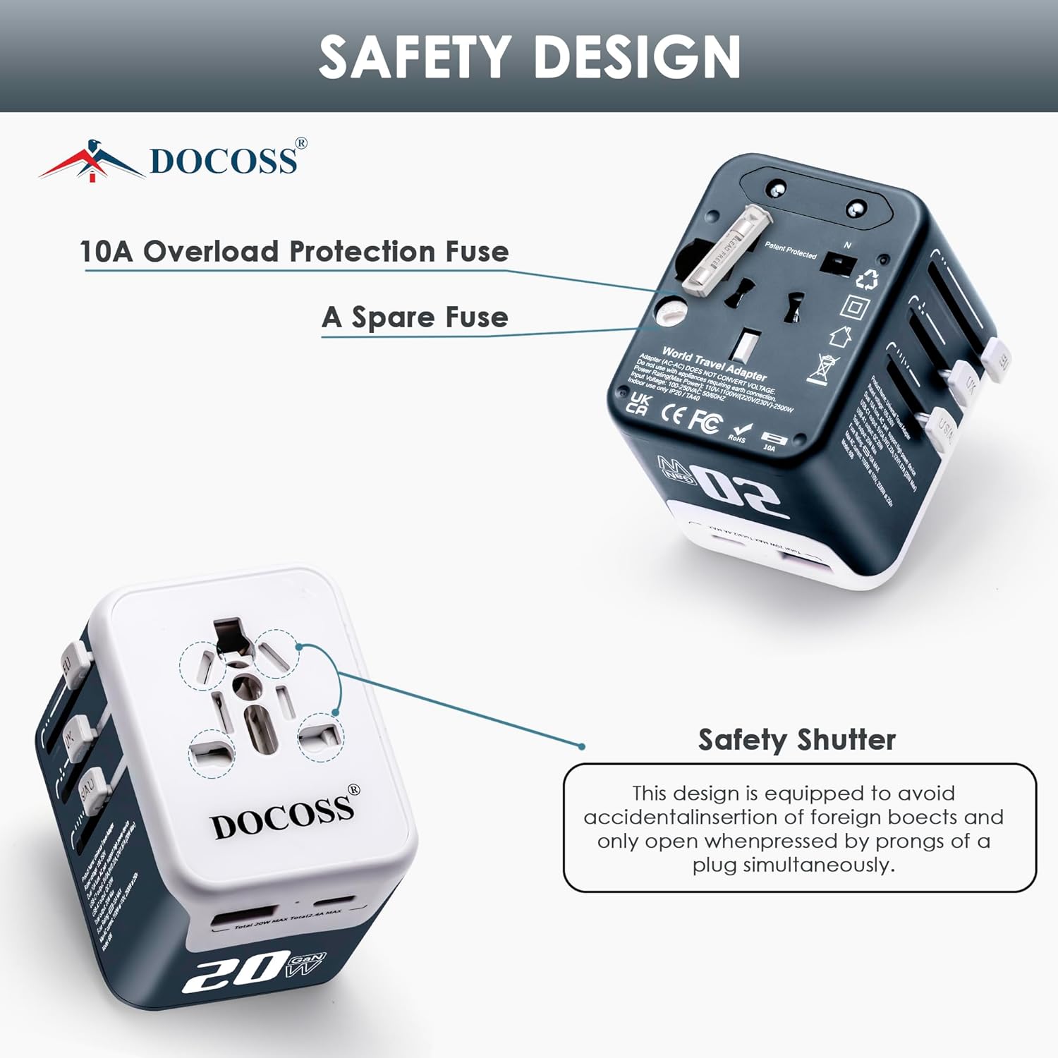 1735350576 Docoss Fast Charging Universal Travel Adapter International All in One Adapter with Type CQC 3.0W3.1A Universal Adapter for UKUSEU Universal Plug Power AdapterBlue White