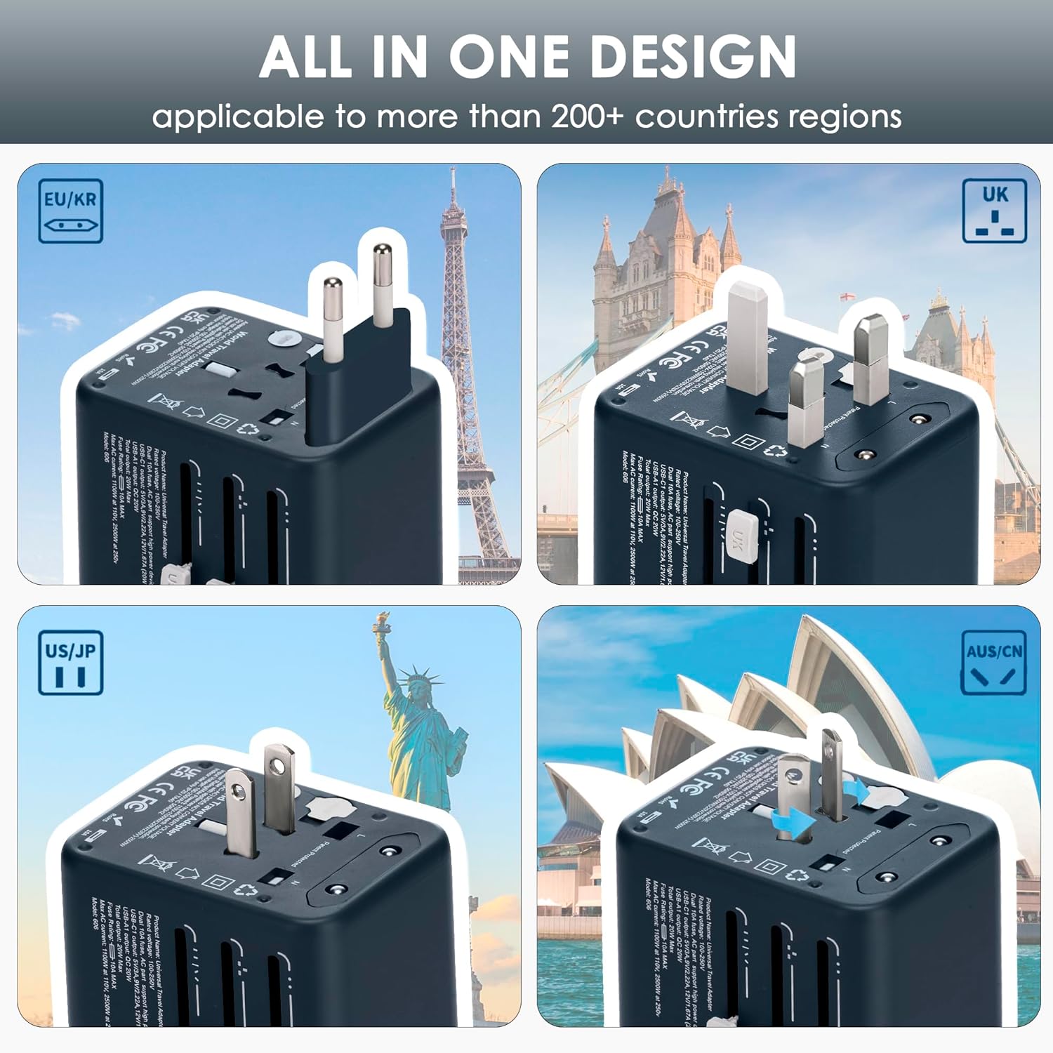 1735350578 Docoss Fast Charging Universal Travel Adapter International All in One Adapter with Type CQC 3.0W3.1A Universal Adapter for UKUSEU Universal Plug Power AdapterBlue White