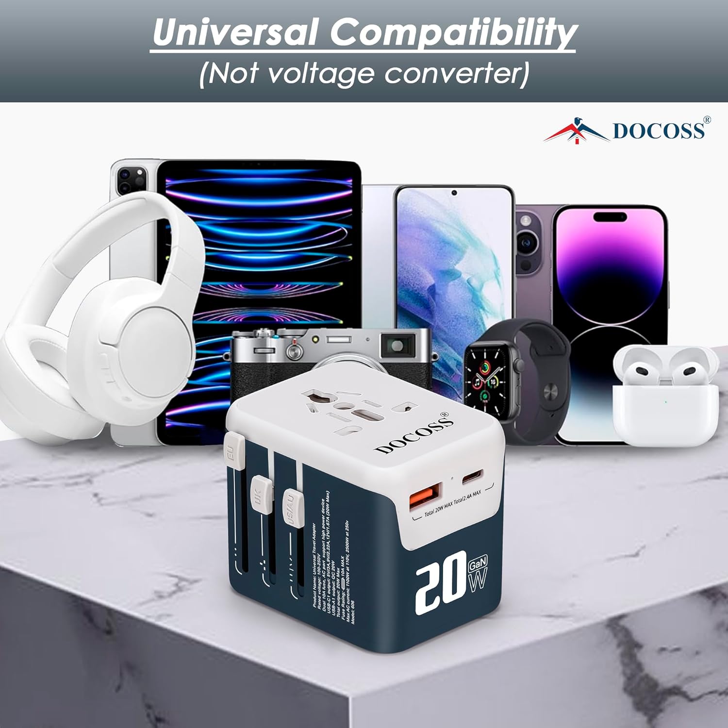 1735350580 Docoss Fast Charging Universal Travel Adapter International All in One Adapter with Type CQC 3.0W3.1A Universal Adapter for UKUSEU Universal Plug Power AdapterBlue White