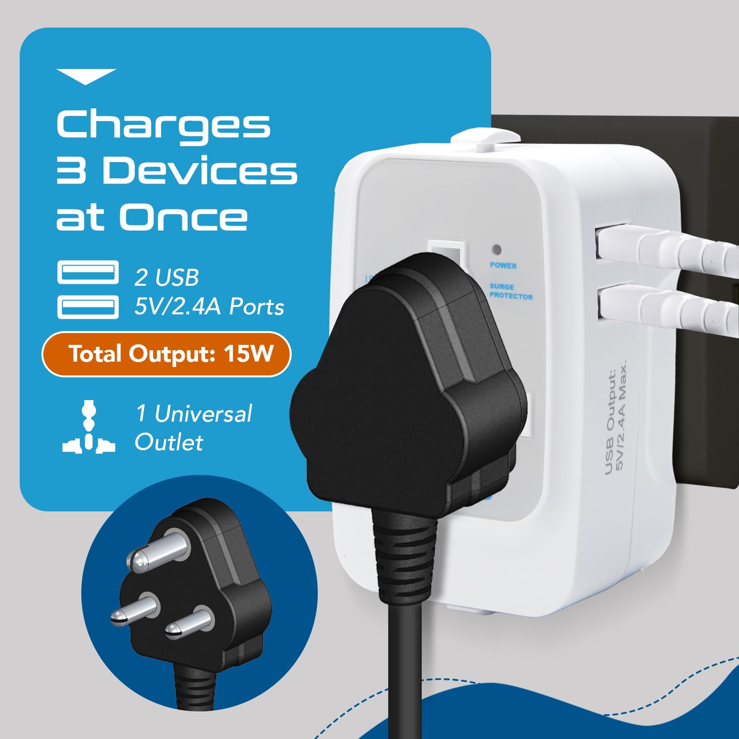 1735356101 Ceptics Universal Charger Adapter 3 in 1 Universal Travel Adapter All in One Universal Travel Accessories 2 USB 2.4A 100 250 Voltage Travel Charger International Travel Adapter White