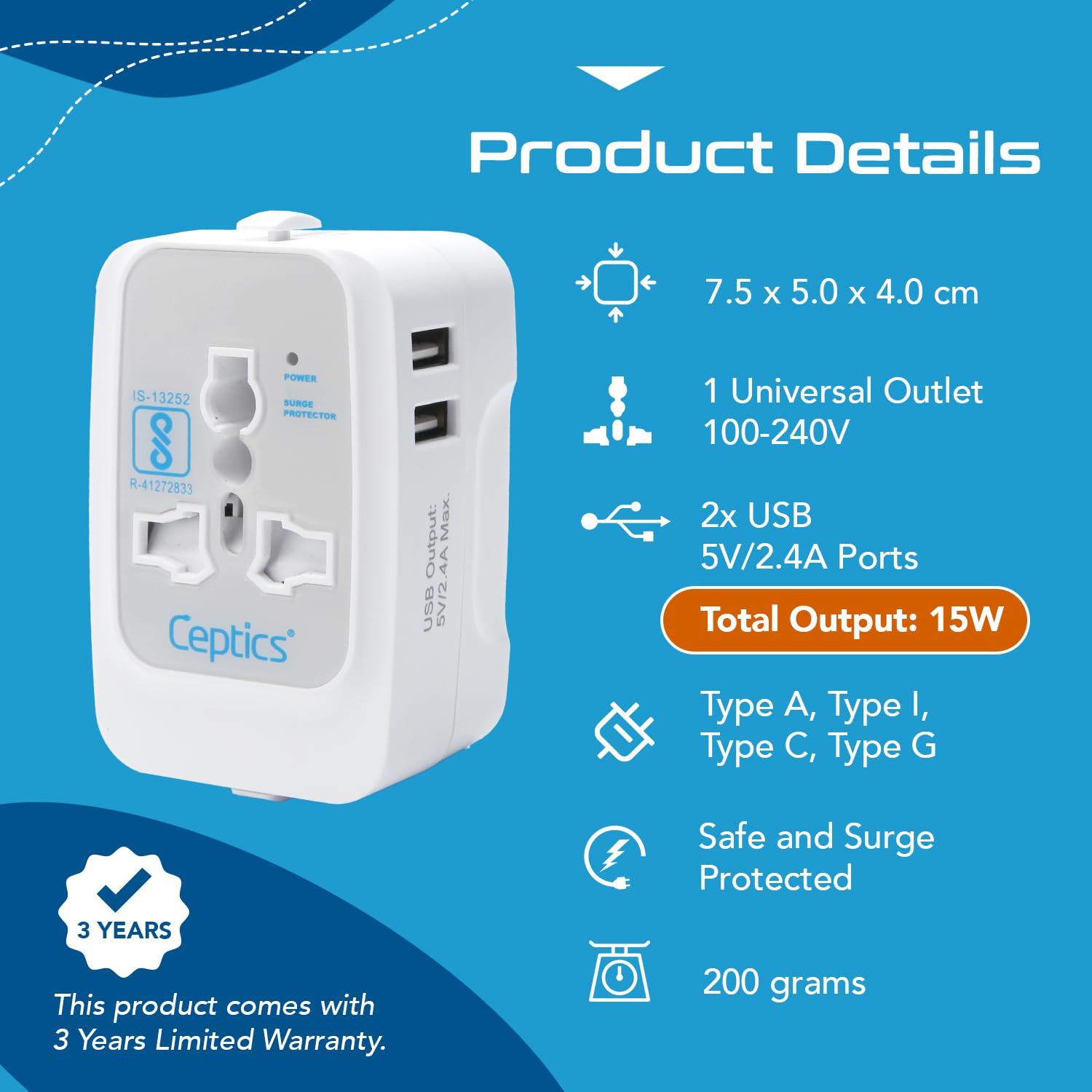 1735356103 Ceptics Universal Charger Adapter 3 in 1 Universal Travel Adapter All in One Universal Travel Accessories 2 USB 2.4A 100 250 Voltage Travel Charger International Travel Adapter White