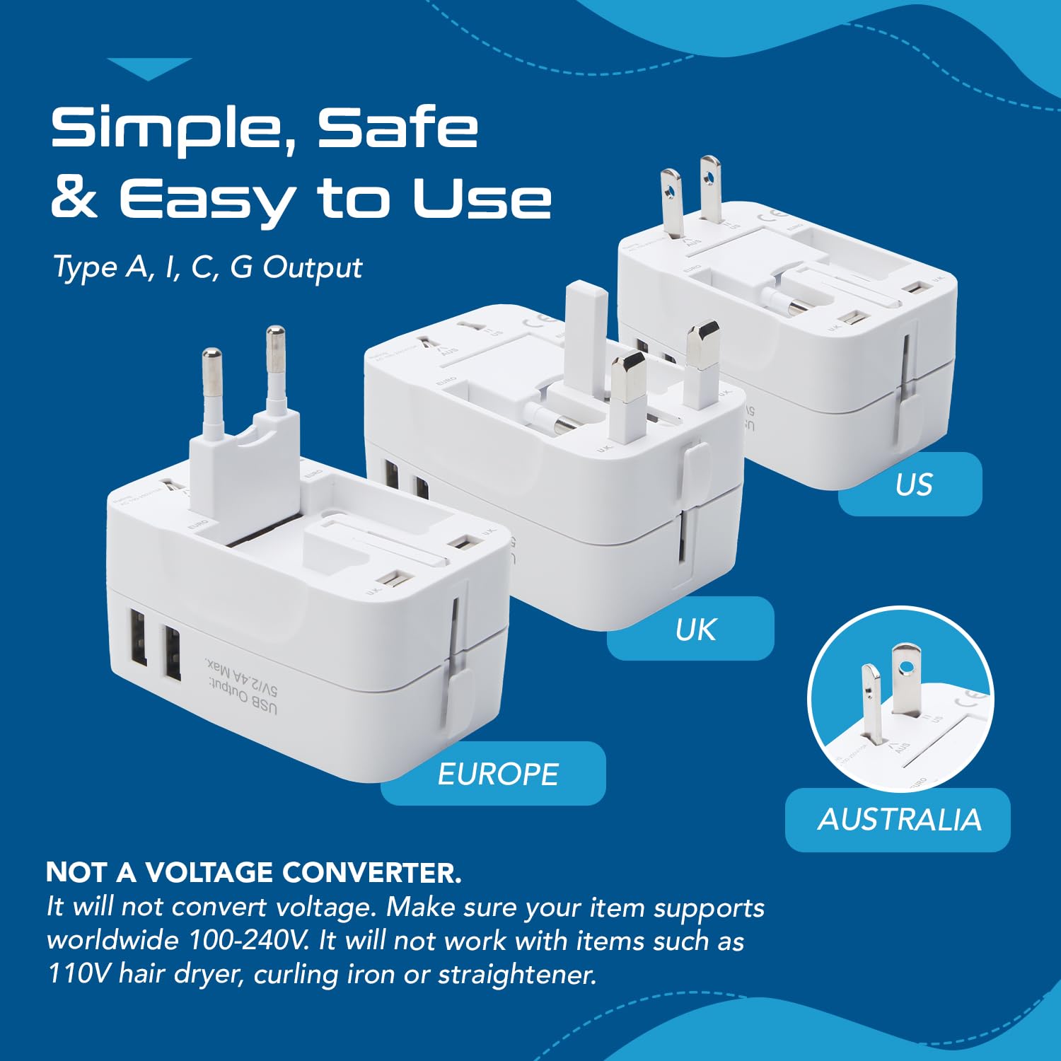 1735356105 Ceptics Universal Charger Adapter 3 in 1 Universal Travel Adapter All in One Universal Travel Accessories 2 USB 2.4A 100 250 Voltage Travel Charger International Travel Adapter White