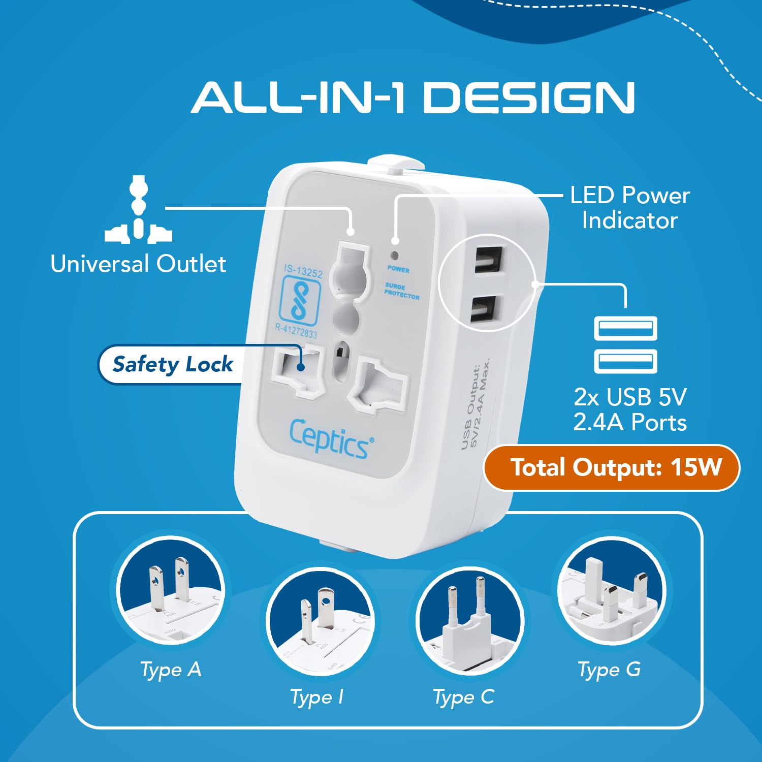1735356107 Ceptics Universal Charger Adapter 3 in 1 Universal Travel Adapter All in One Universal Travel Accessories 2 USB 2.4A 100 250 Voltage Travel Charger International Travel Adapter White