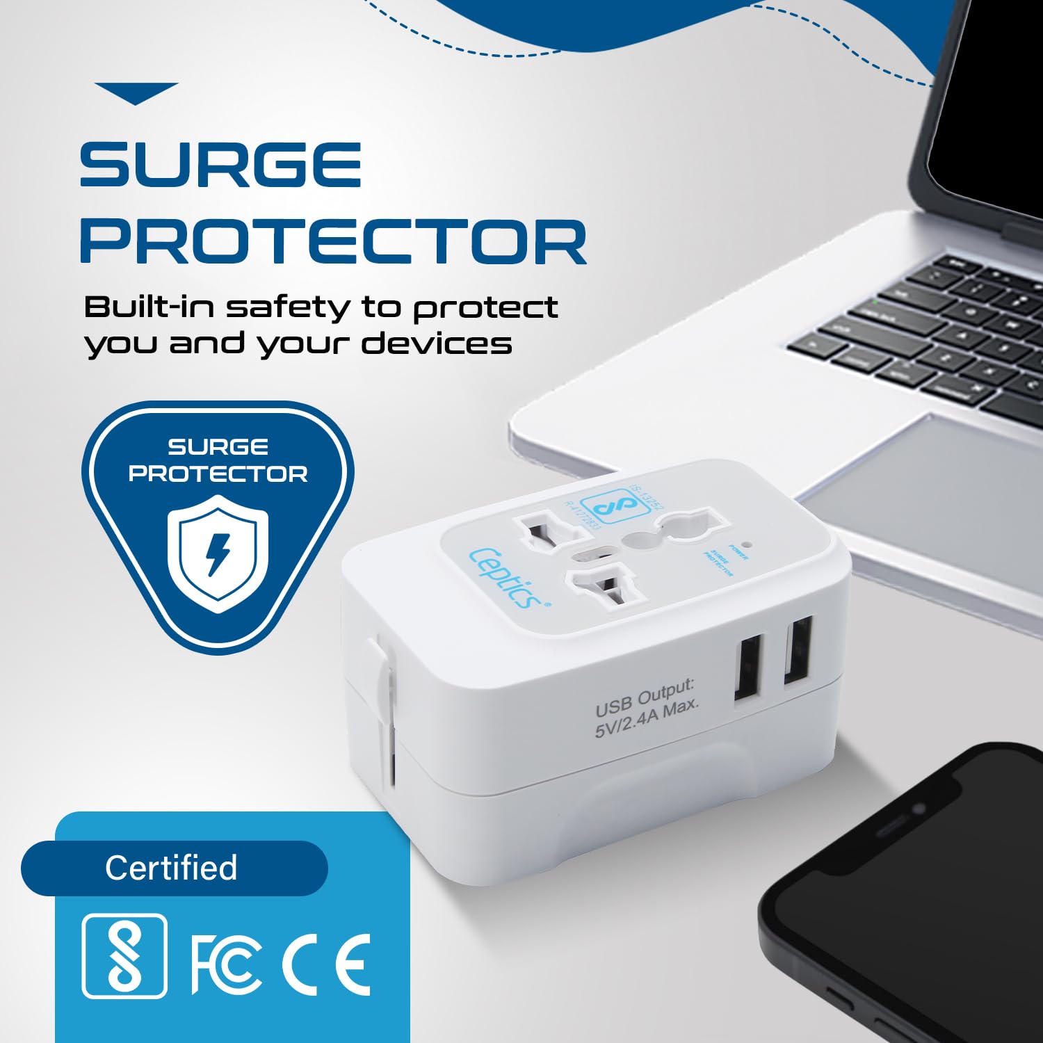 1735356109 Ceptics Universal Charger Adapter 3 in 1 Universal Travel Adapter All in One Universal Travel Accessories 2 USB 2.4A 100 250 Voltage Travel Charger International Travel Adapter White