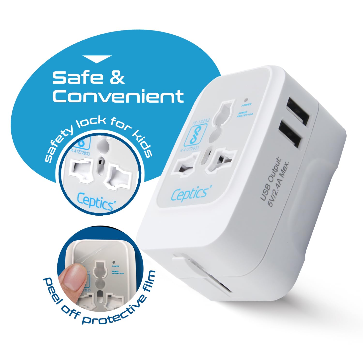 1735356111 Ceptics Universal Charger Adapter 3 in 1 Universal Travel Adapter All in One Universal Travel Accessories 2 USB 2.4A 100 250 Voltage Travel Charger International Travel Adapter White