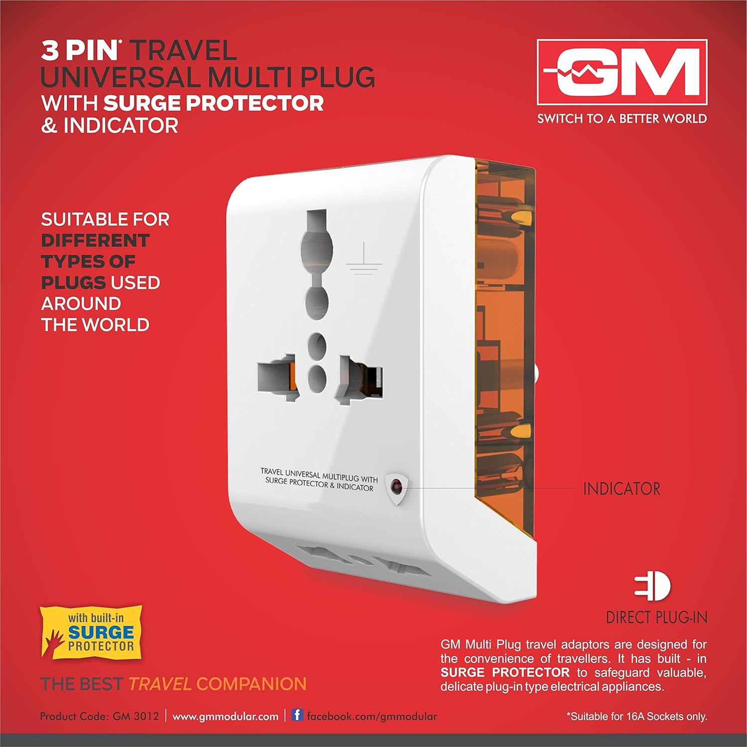 1735367317 GM 3012 3 Pin Travel Universal Multi Plug Adaptor with Surge Protector and Indicator White Pack of 1