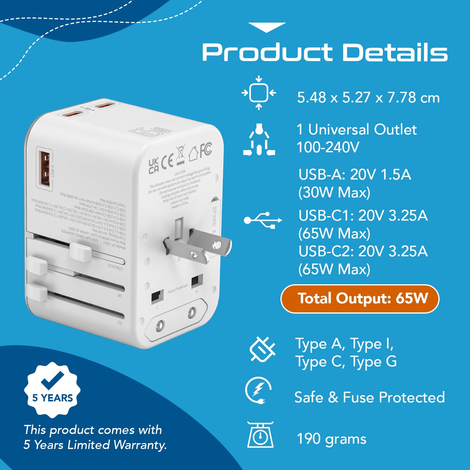 1735378558 Ceptics Travel Adapter 4 in 1 65W Universal Travel Adapter with Type C India to International Travel Adapter Plug Socket 1 x USB 2 x USB C 3.1A Fast Charging 10 Years Warranty White