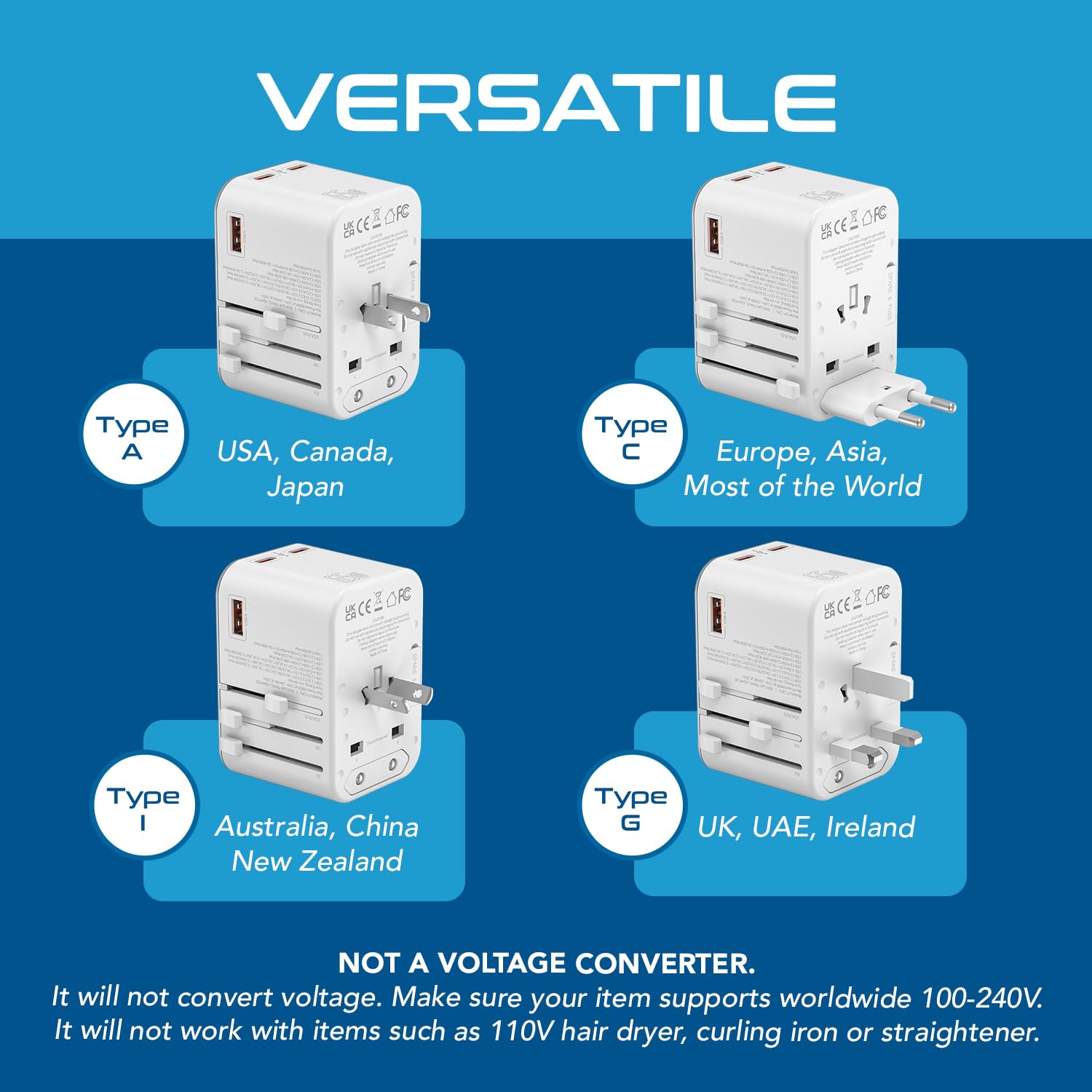 1735378562 Ceptics Travel Adapter 4 in 1 65W Universal Travel Adapter with Type C India to International Travel Adapter Plug Socket 1 x USB 2 x USB C 3.1A Fast Charging 10 Years Warranty White