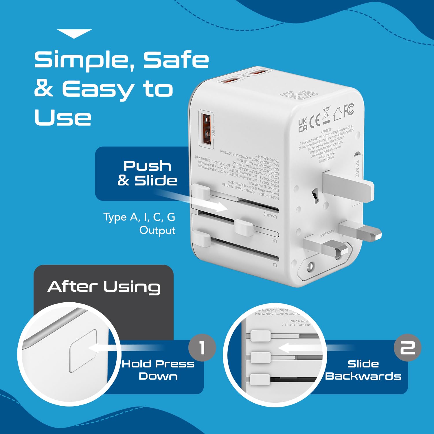 1735378570 Ceptics Travel Adapter 4 in 1 65W Universal Travel Adapter with Type C India to International Travel Adapter Plug Socket 1 x USB 2 x USB C 3.1A Fast Charging 10 Years Warranty White