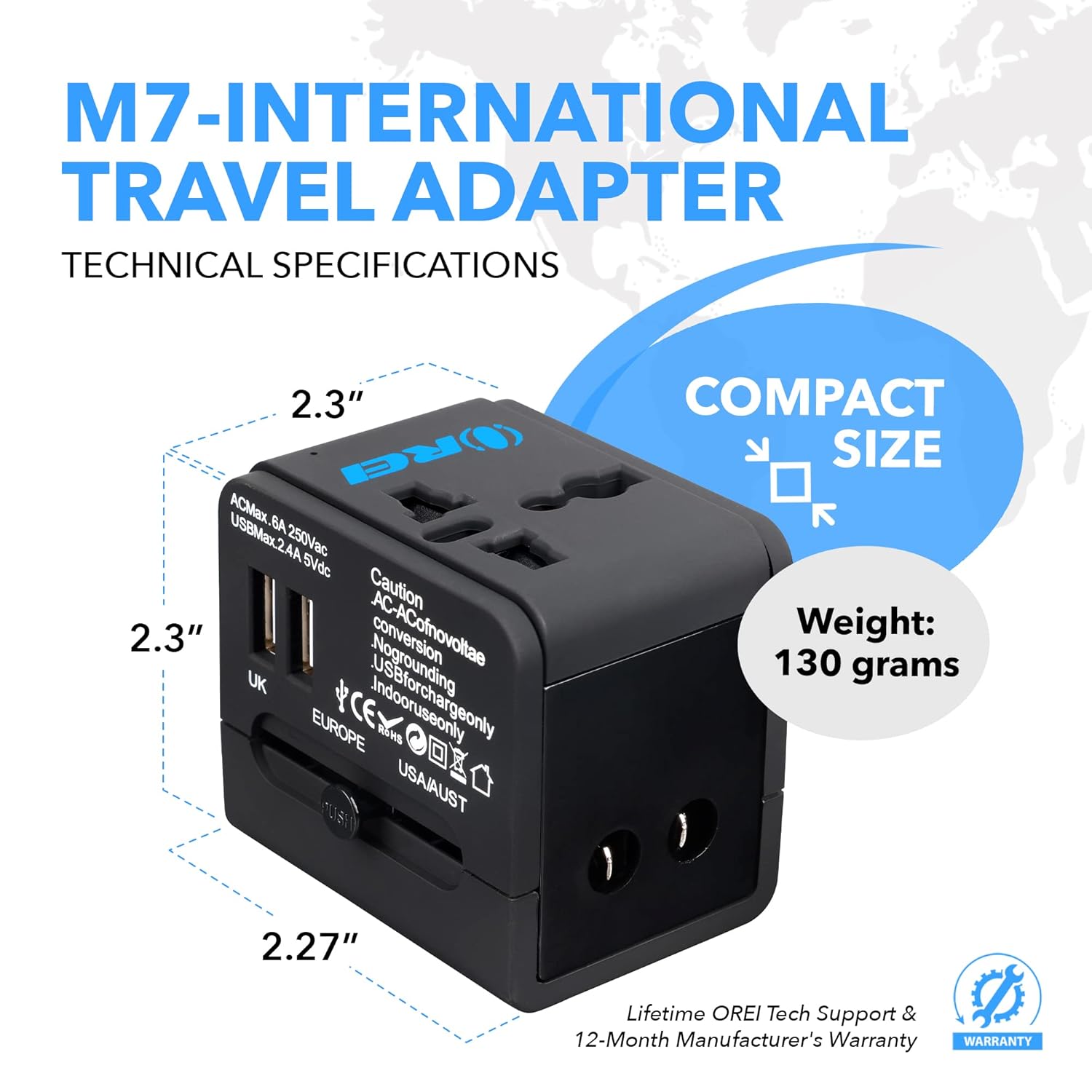 1735384265 OREI Universal Travel Adapter with 2 USB Ports 3 in 1 Universal Charger International Travel Adapter for Cell Phones Tablets Camera for Travelers to US Europe UK More