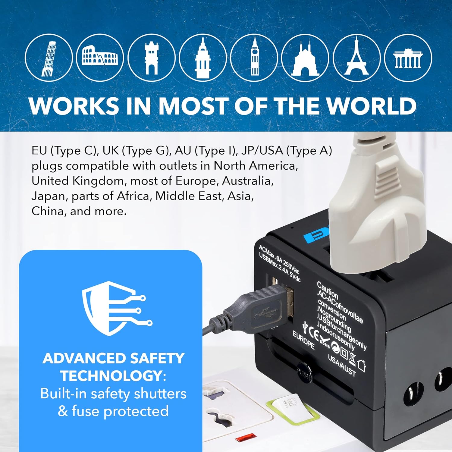 1735384267 OREI Universal Travel Adapter with 2 USB Ports 3 in 1 Universal Charger International Travel Adapter for Cell Phones Tablets Camera for Travelers to US Europe UK More