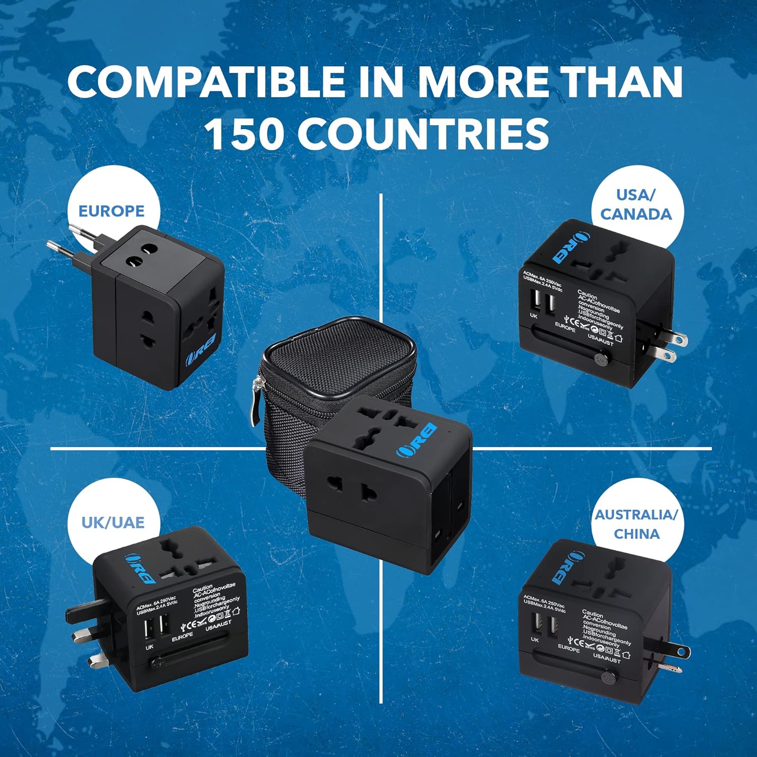 1735384269 OREI Universal Travel Adapter with 2 USB Ports 3 in 1 Universal Charger International Travel Adapter for Cell Phones Tablets Camera for Travelers to US Europe UK More